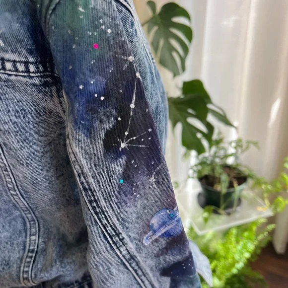 Galaxy Hand Painted Vintage Retro Denim Jean Jacket S/M - Picture 9 of 13